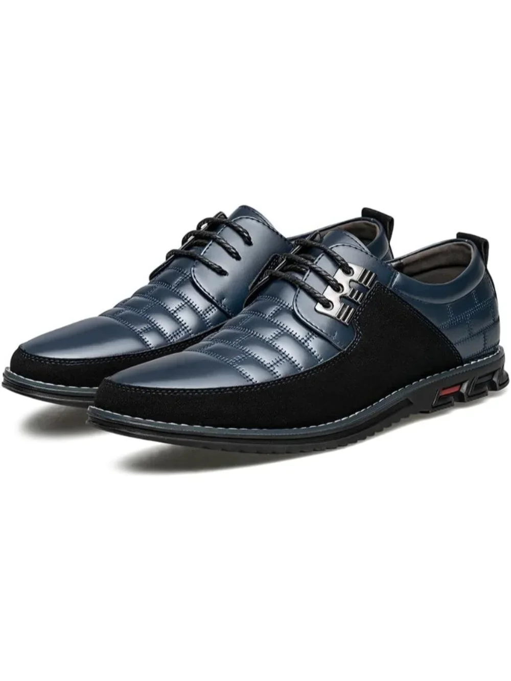 Men's Blue Plaid Embossed Grid Leather Comfortable Hybrid Oxford Dress Sneakers